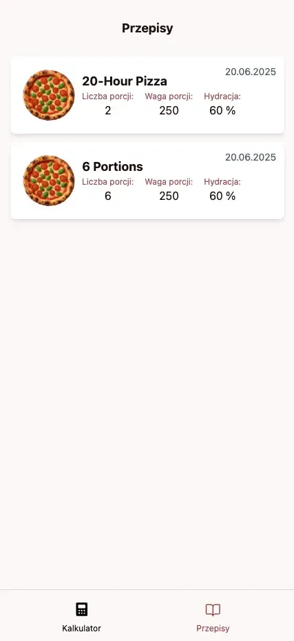 Zrzut ekranu aplikacji kalkulator pizzy