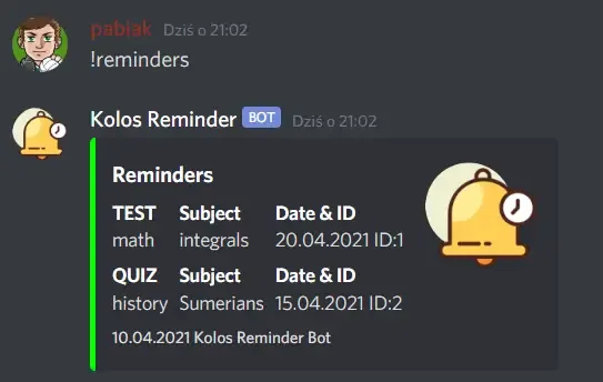 Zrzut ekranu aplikacji kolos reminder