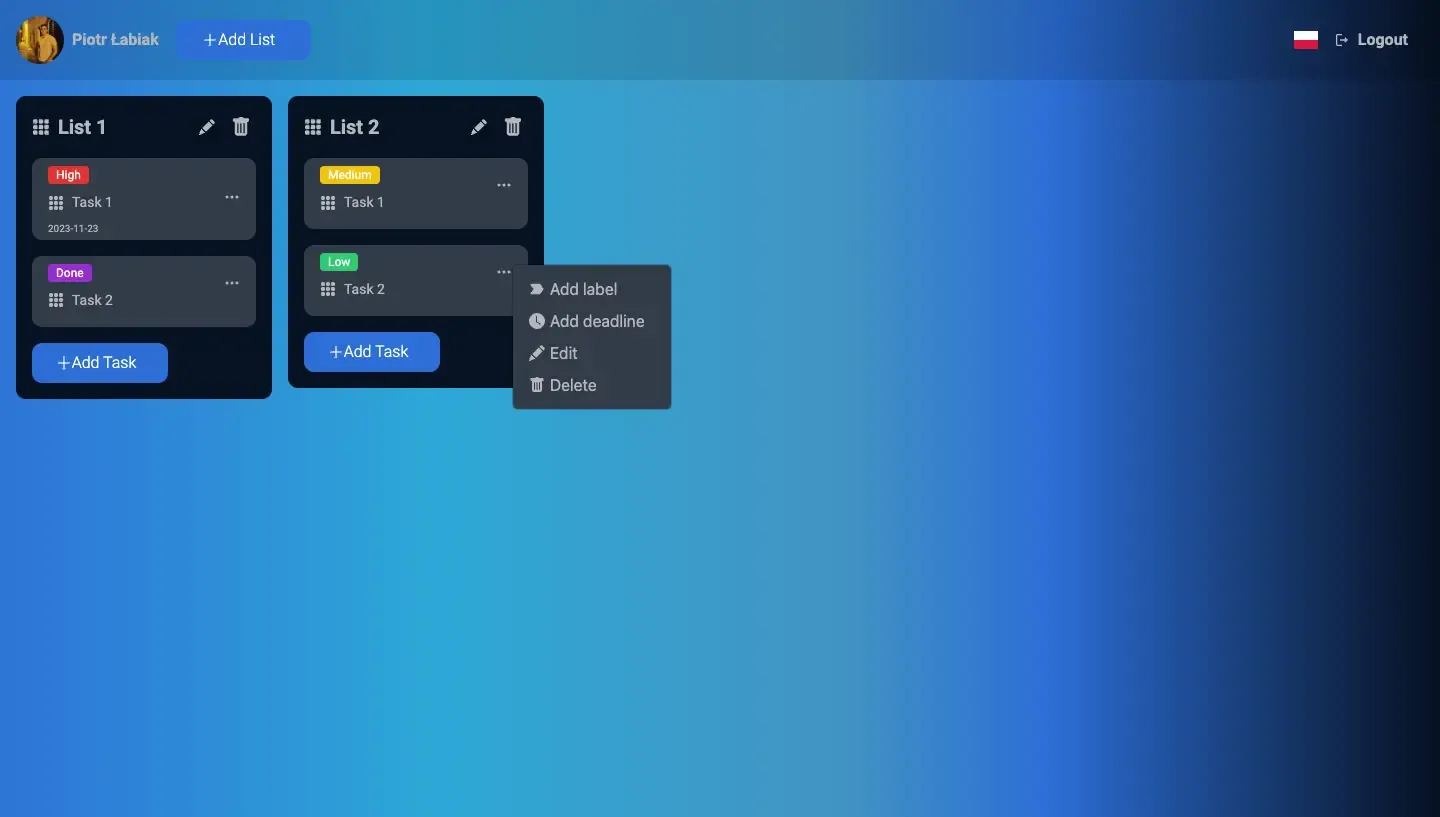 Zrzut ekranu projektu TaskManager